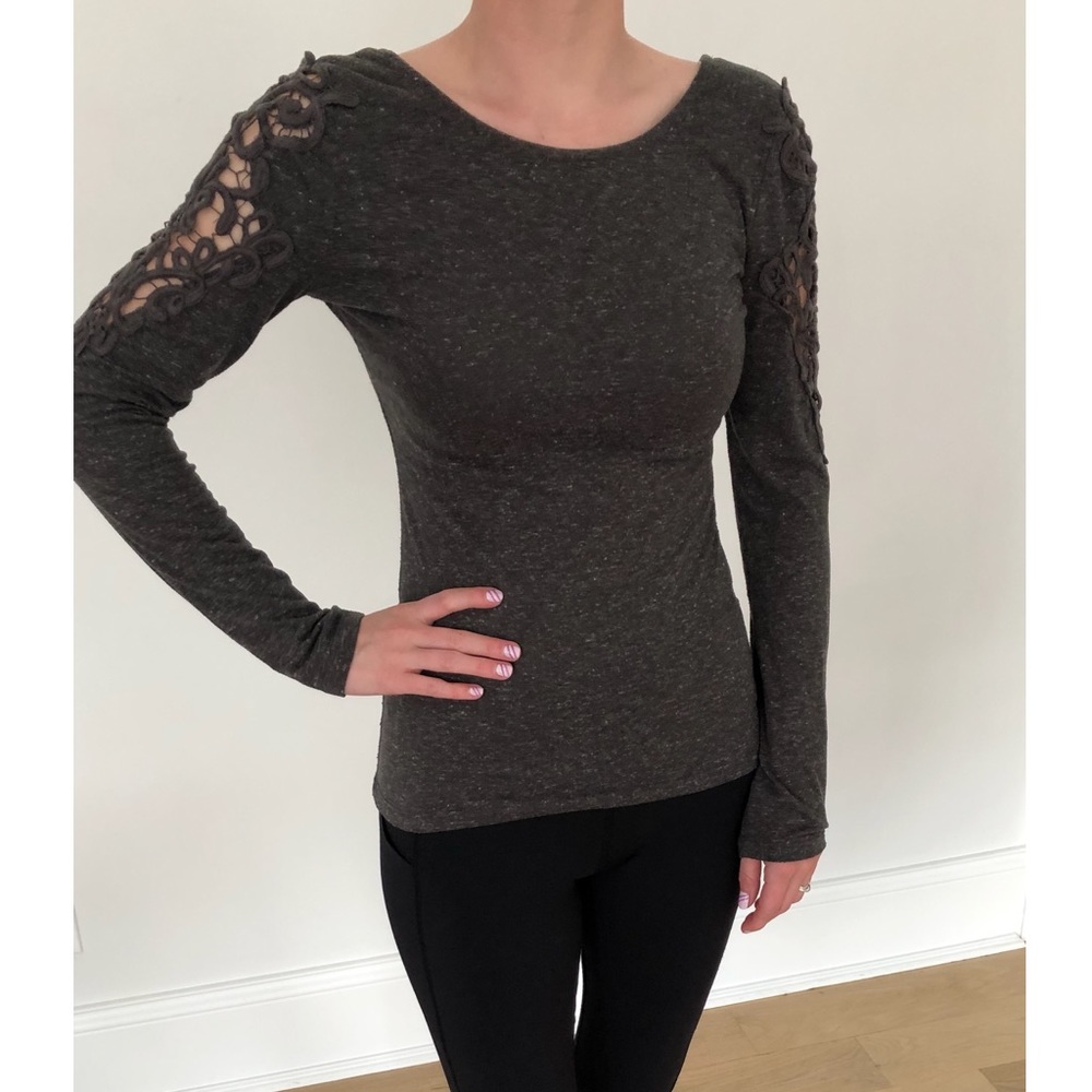 Gray long sleeved top with embellished sleeves